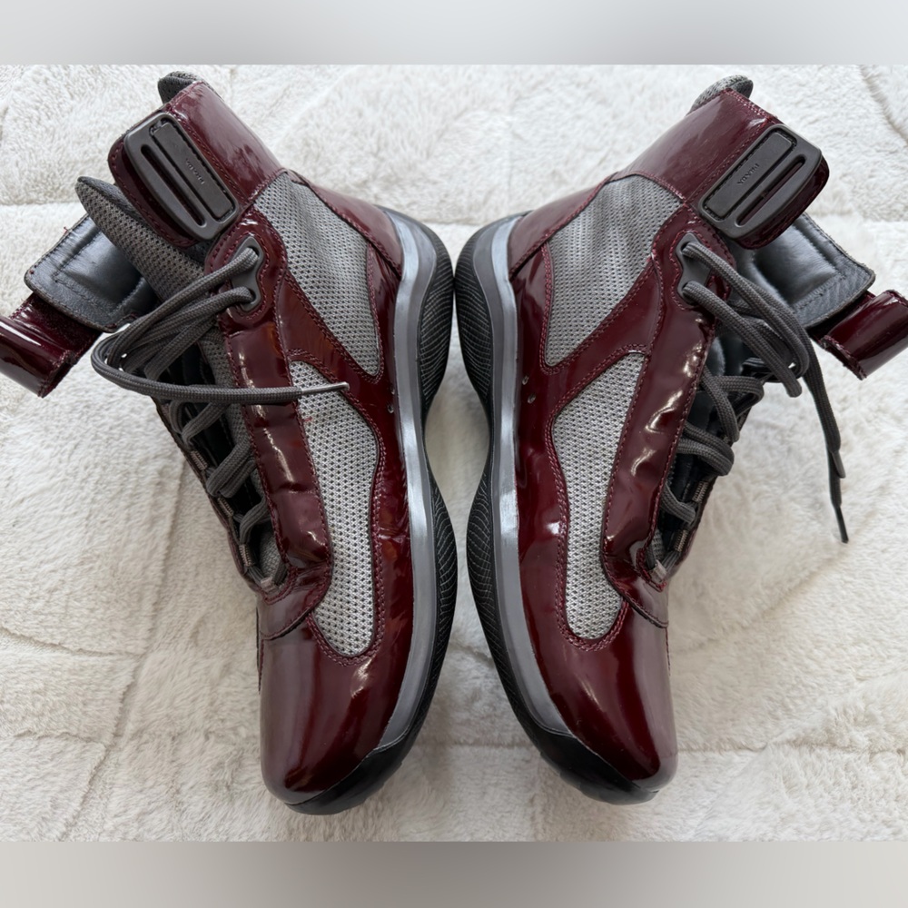 Prada America's Cup High Top Sneakers Burgundy Maroon Patent Shoes 8.5/9.5 - Picture 3 of 13